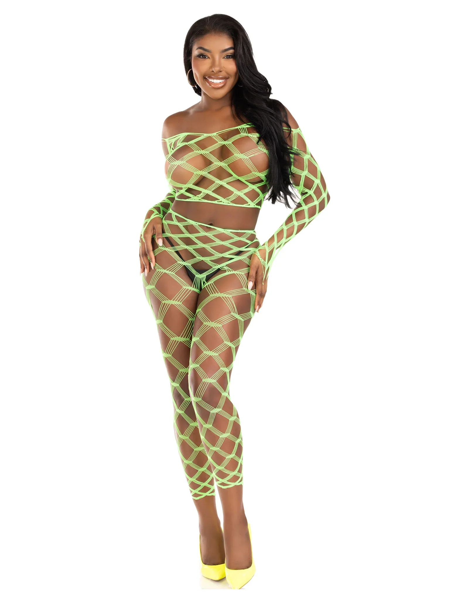2 PC Hardcore Net Crop Top and Footless Tights, Neon Green, One Size - Image 4