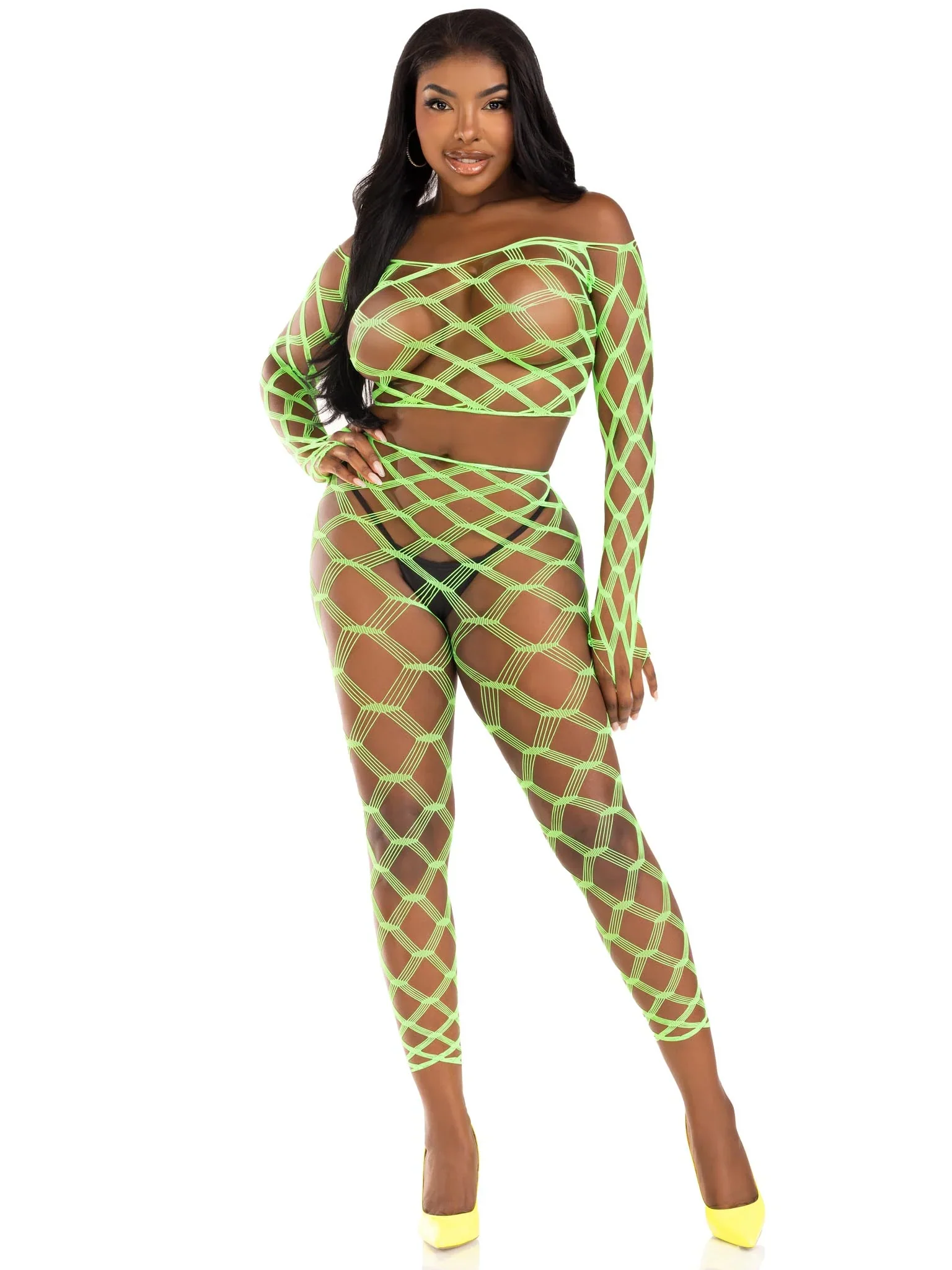 2 PC Hardcore Net Crop Top and Footless Tights, Neon Green, One Size - Image 7