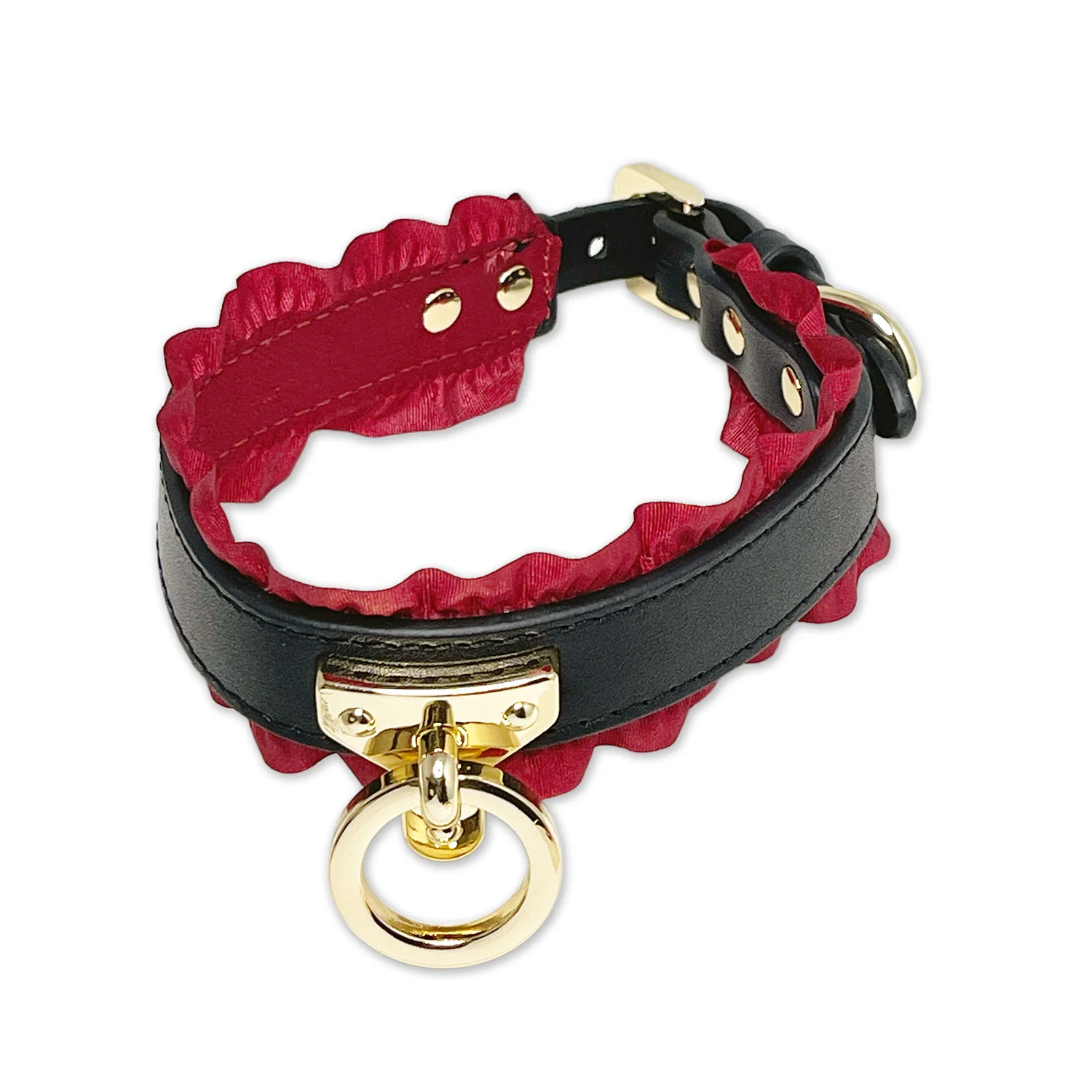 Black Collar and Leash Set with Ruffled Red Ribbon Lining by Fetish Pleasure Play - Image 2