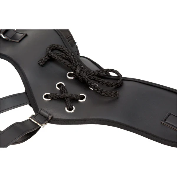 Black Vegan Leather Adjustable Strap On Harness with 2 Rings - Image 3