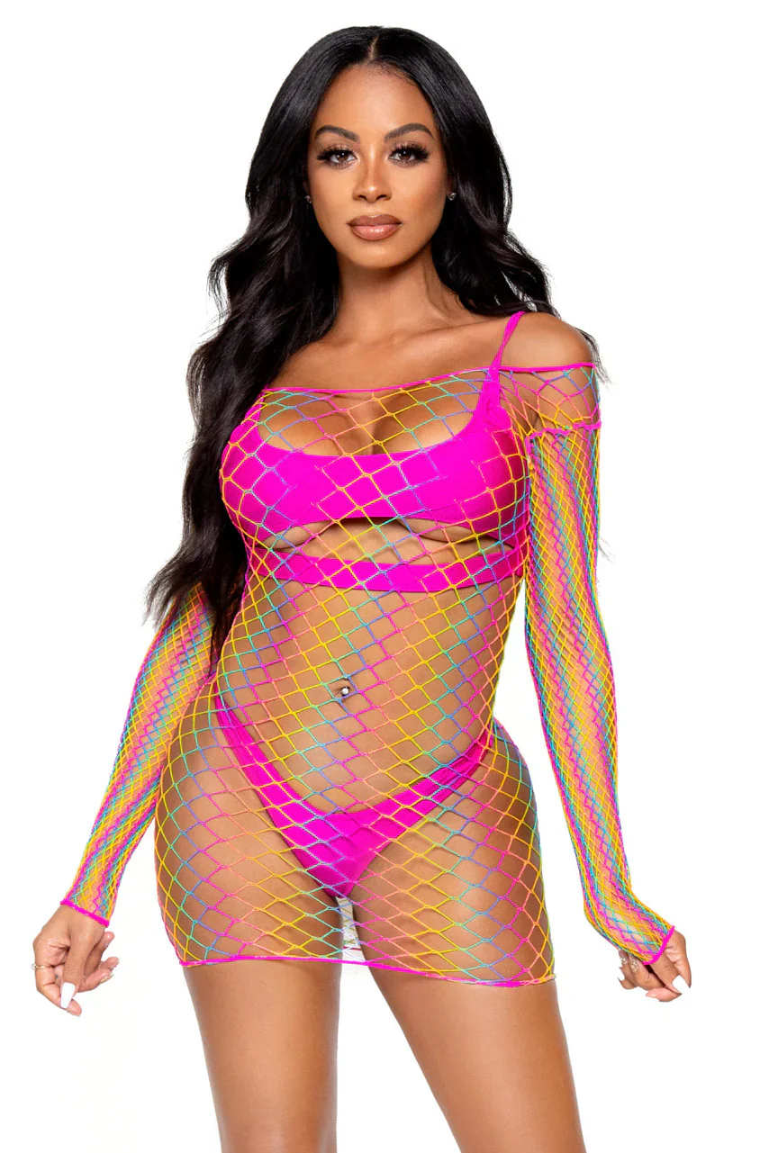 Diamond Knit Rainbow Long Sleeve Ombre Mini Dress, One Size