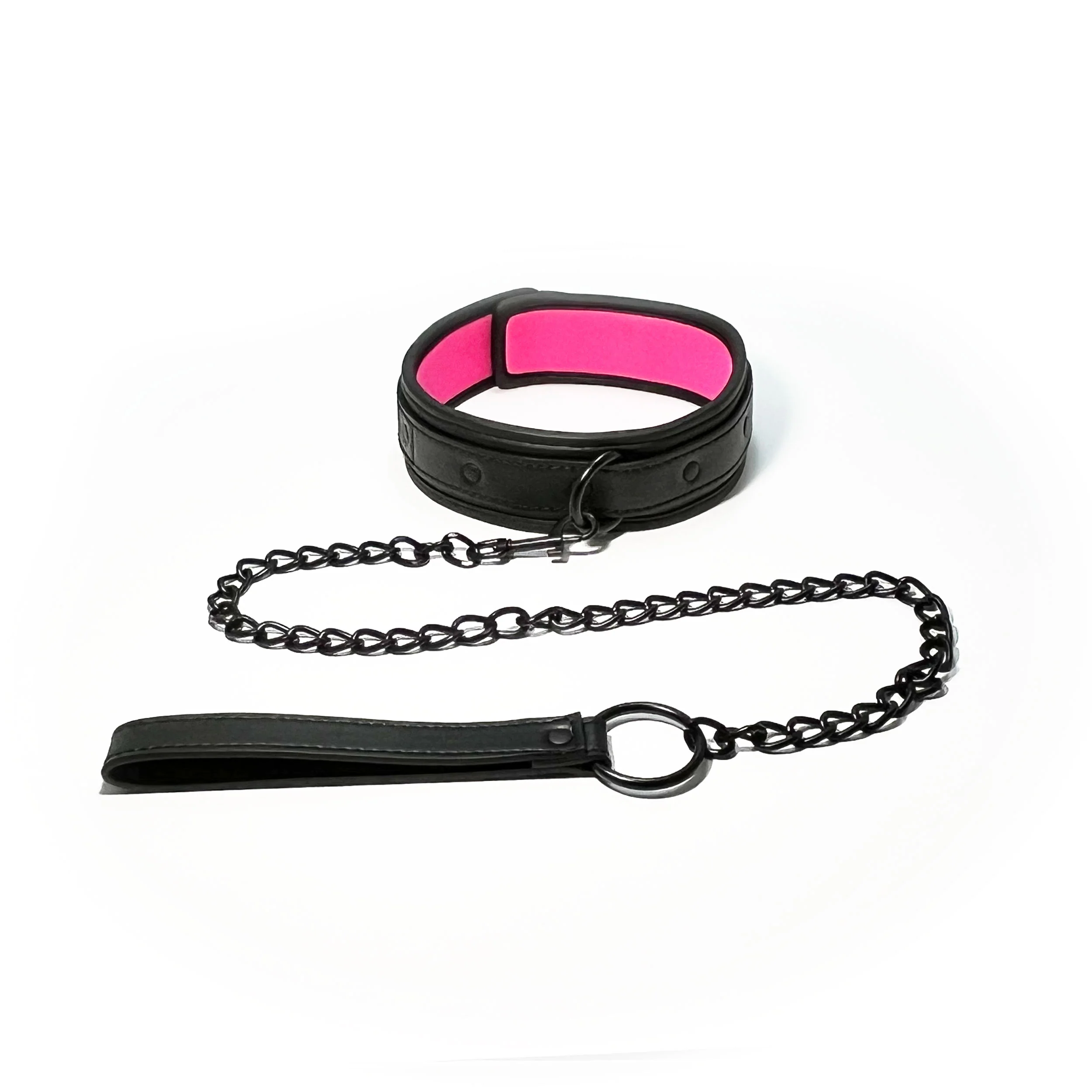 Faux Leather and Neoprene Collar and Chain Leash by Fetish Pleasure Play in Black and Pink - Image 3