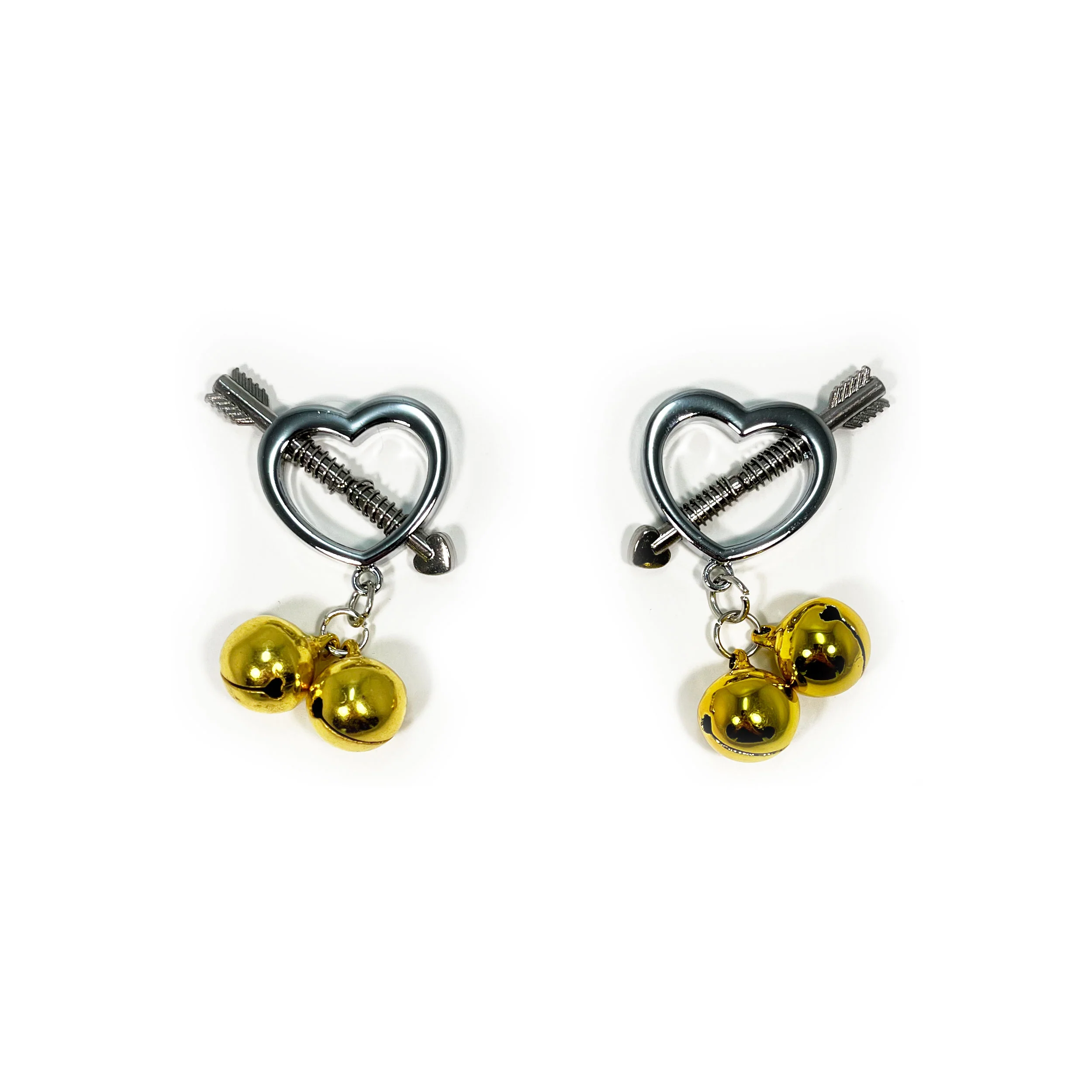 Fetish Pleasure Play Nipple Clamp Cupid Heart w/Bells - Gold - Image 3