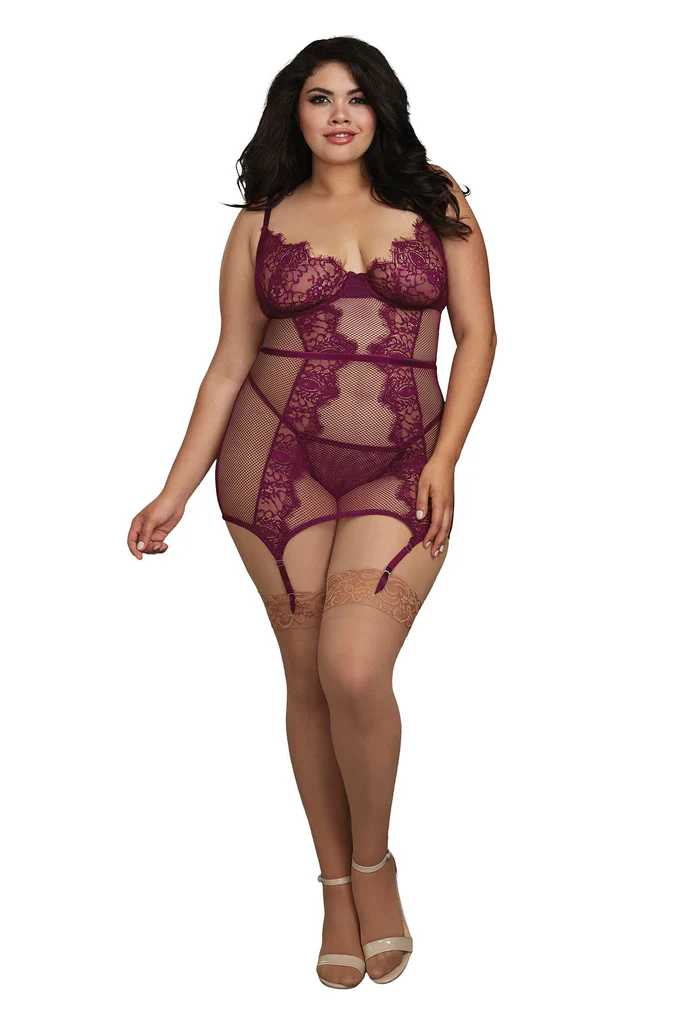 Fishnet & Eyelash Lace Garter Slip and G-String, Wine, Queen O/S