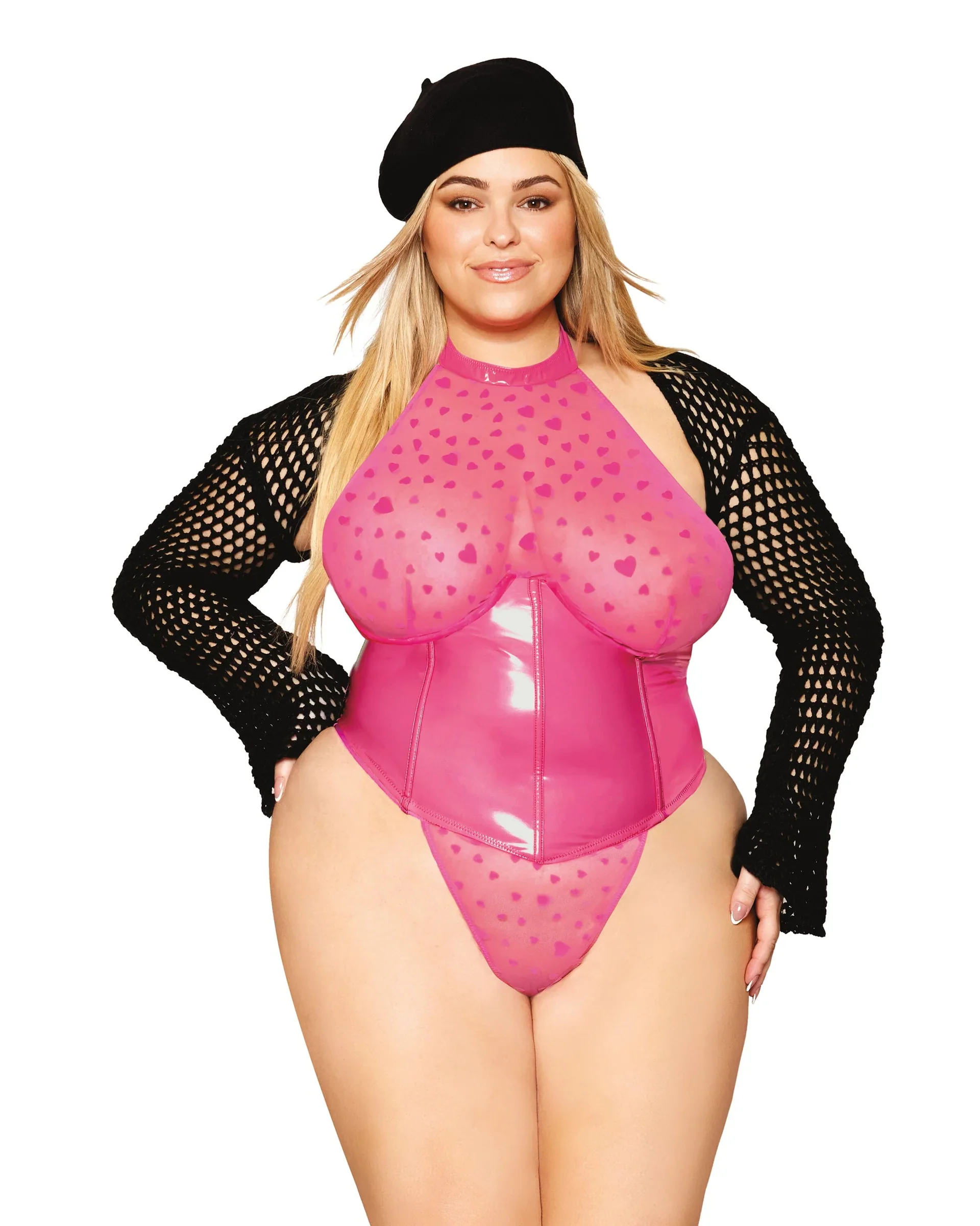 Flocked Heart Stretch Mesh and Stretch Vinyl Halter Teddy, Pink, Queen - Image 3
