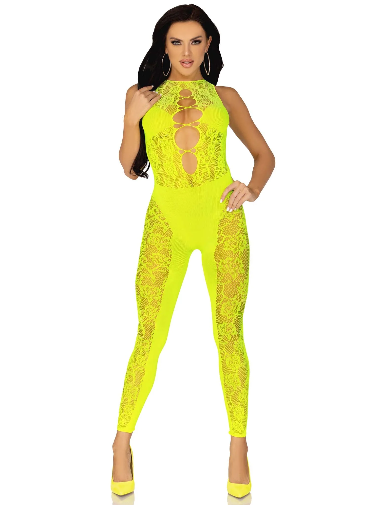 Floral Lace Convertible Footless Lingerie Jumpsuit, Neon Yellow, One Size - Image 7