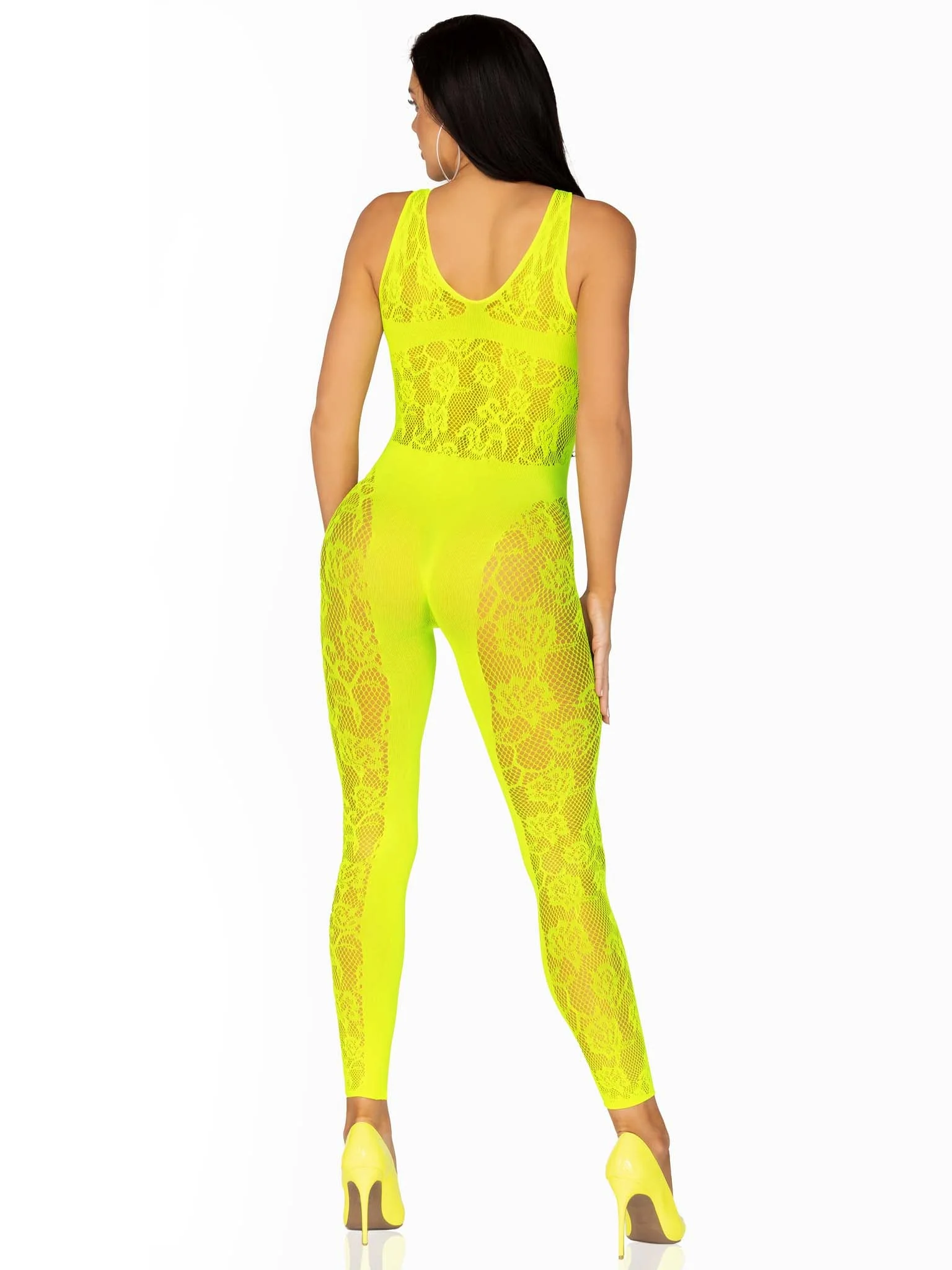 Floral Lace Convertible Footless Lingerie Jumpsuit, Neon Yellow, One Size - Image 8