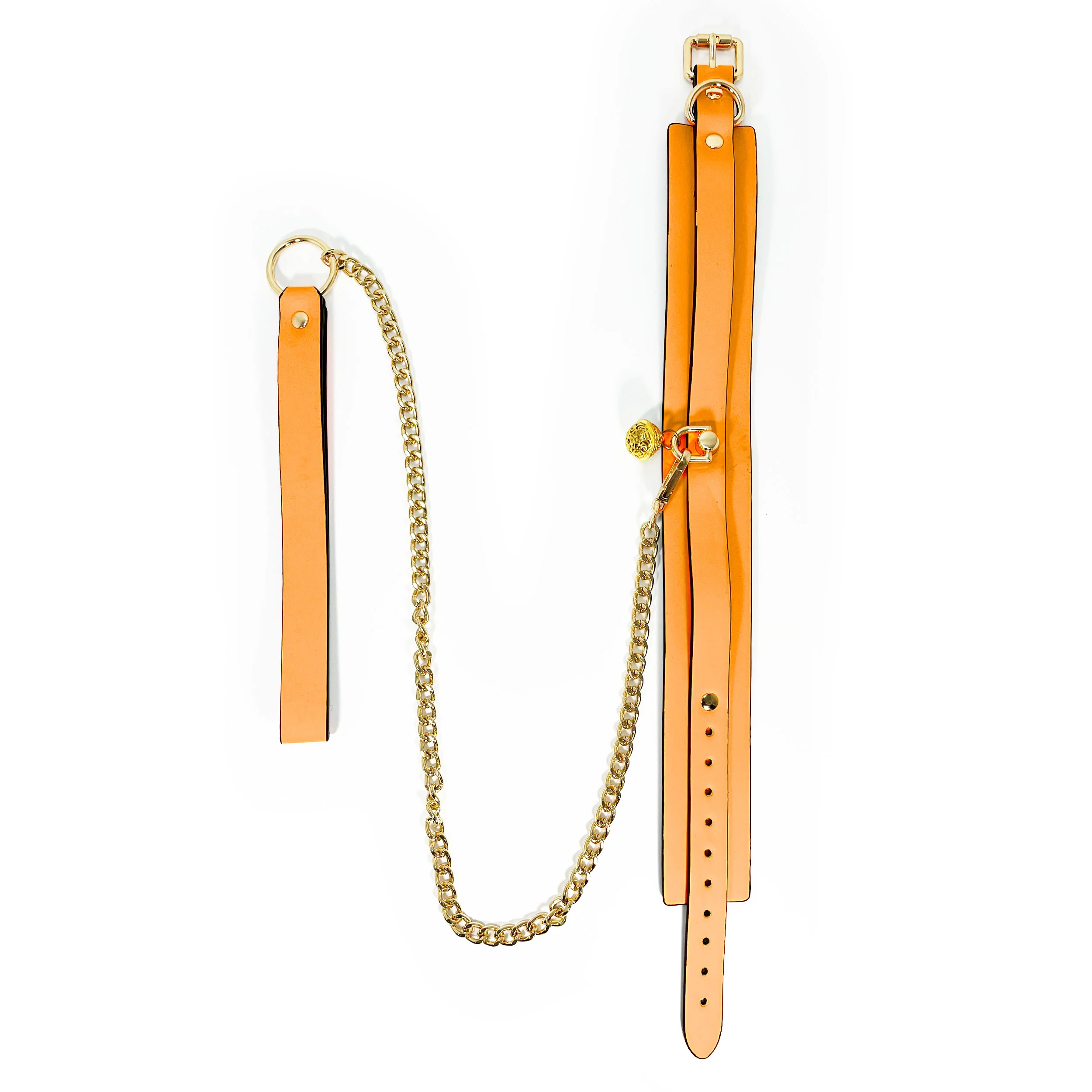 Glow in the Dark Collar and Leash with Brass Bell by Fetish Pleasure Play in Orange - Image 2