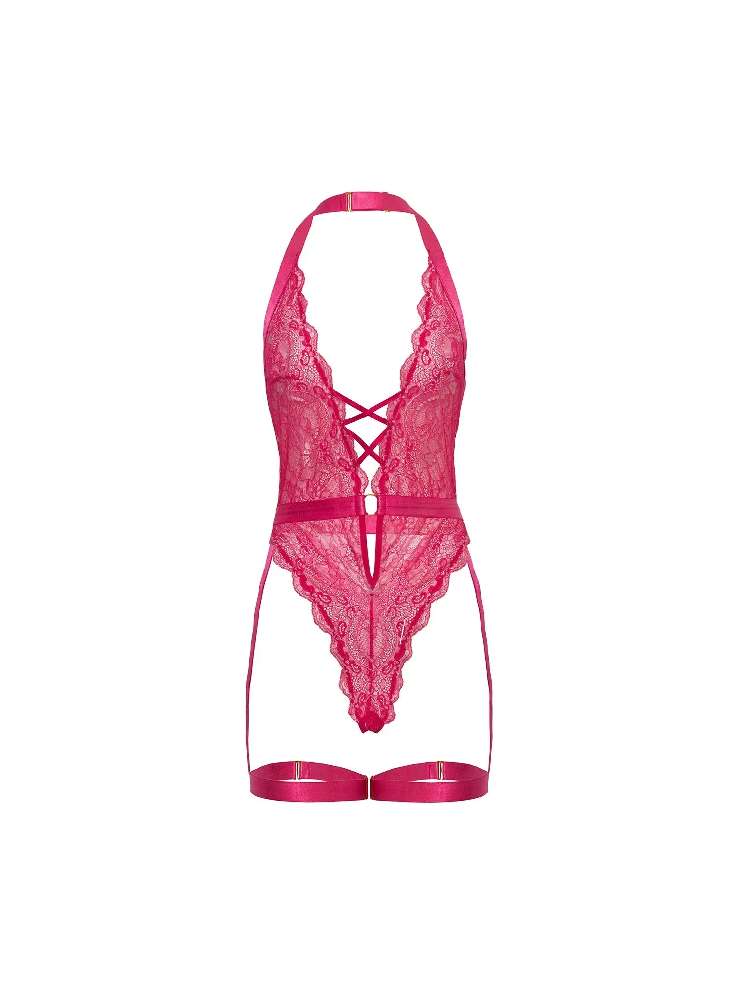 Kahlia Lace Gartered Teddy, Hot Pink, One Size - Image 4