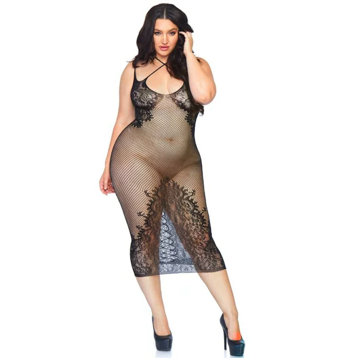 Lace Cross Neck Seamless Fishnet Mini Dress, Black, Queen O/S