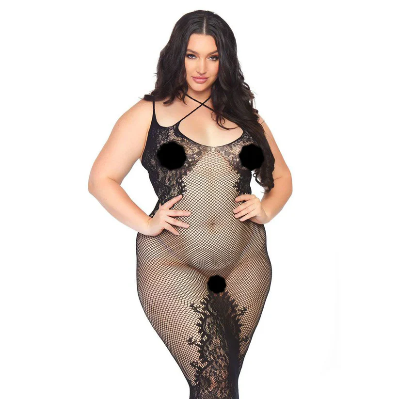 Lace Cross Neck Seamless Fishnet Mini Dress, Black, Queen O/S - Image 2