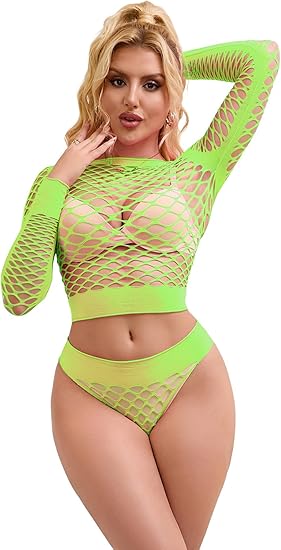 Long Sleeve Neon Green 2-Piece Fishnet Bodystocking - Image 5