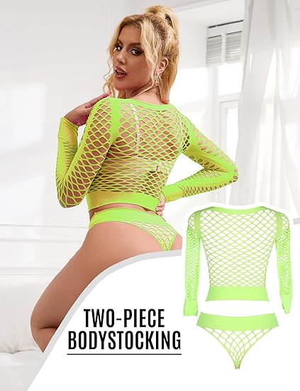 Long Sleeve Neon Green 2-Piece Fishnet Bodystocking - Image 7