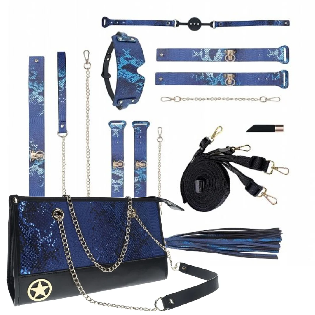 Luxury Traveler Bondage Collection in Blue Faux Snakeskin with Bag