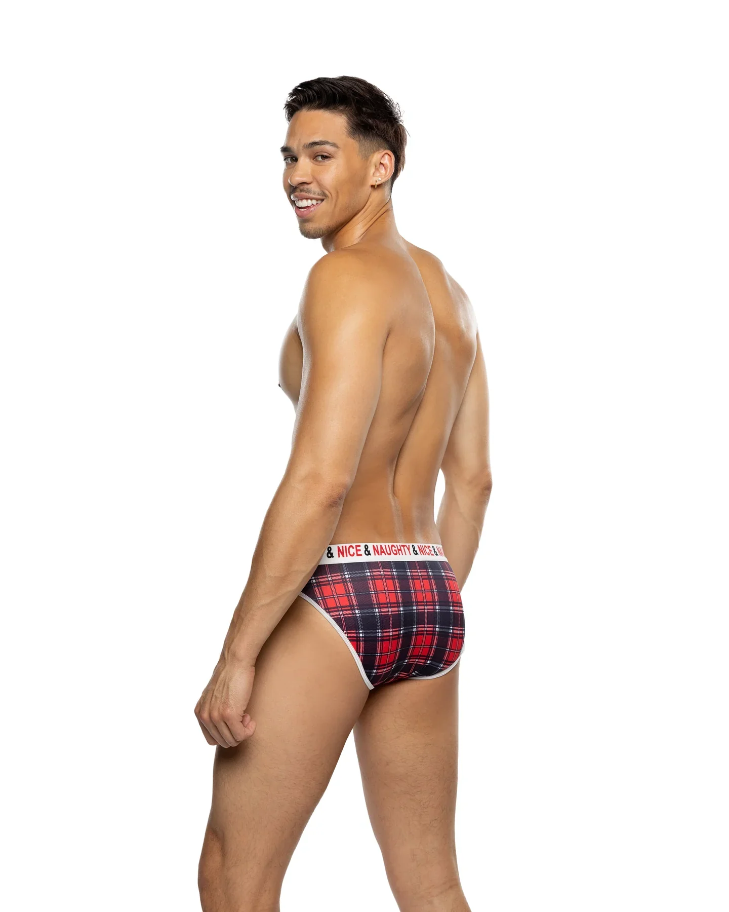 Naughty & Nice Men's Plaid Briefs, Black/Red - Image 2