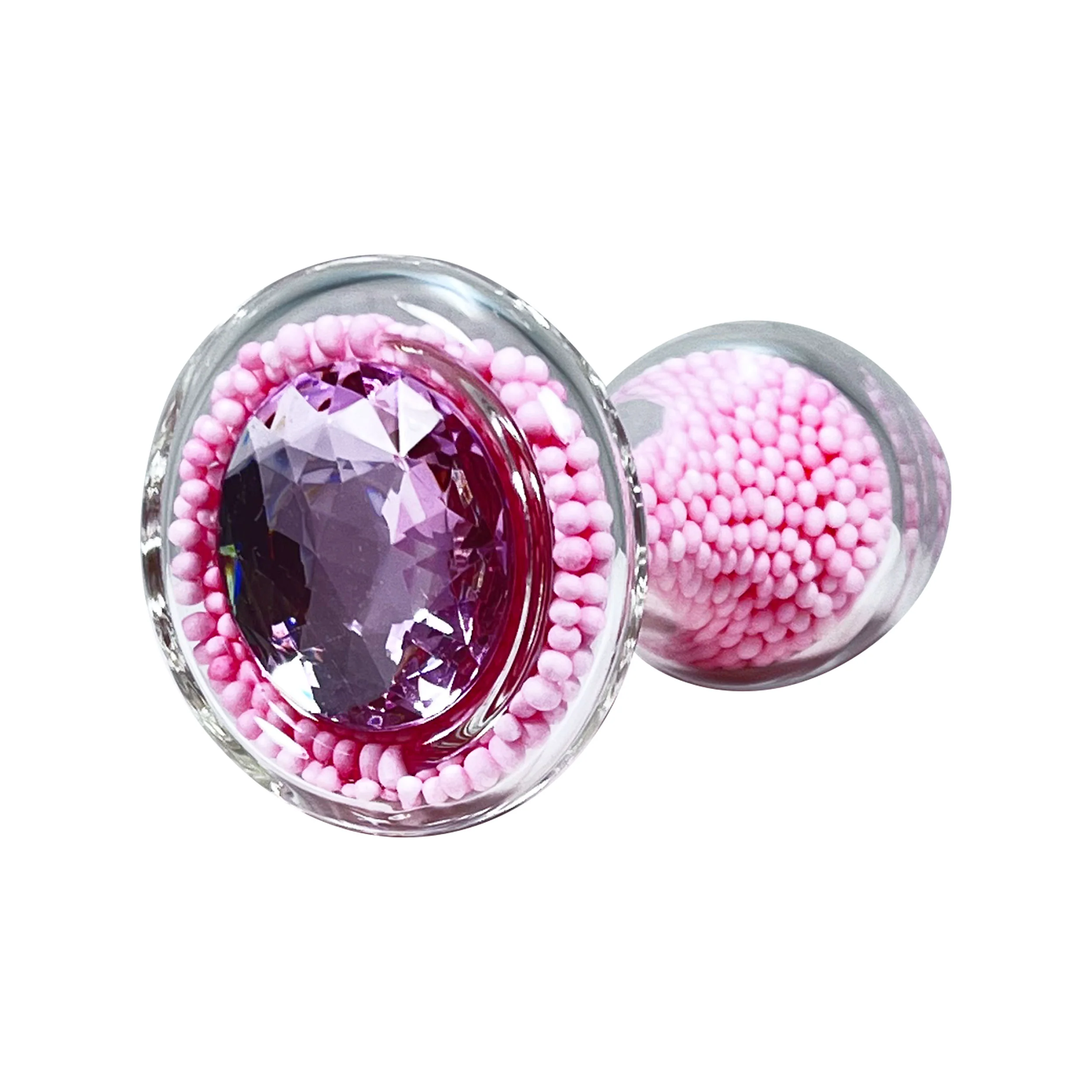 Pink Bead-Filled Clear Glass Butt Plug with Pink Jewel by Glass Pleasure Play - Image 2