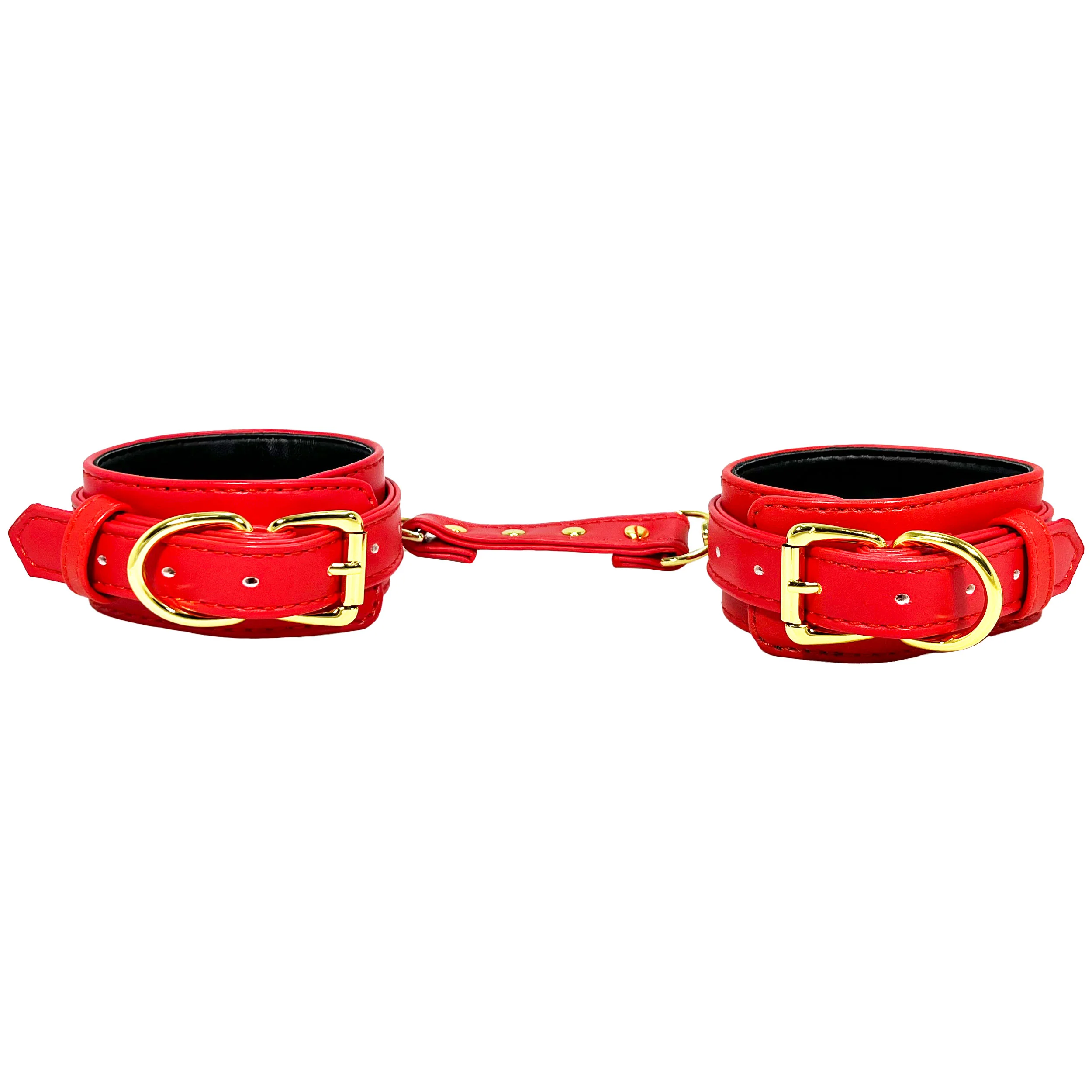 Red Ankle Cuffs with Gold Tone Hardware by Fetish Pleasure Play - Image 2