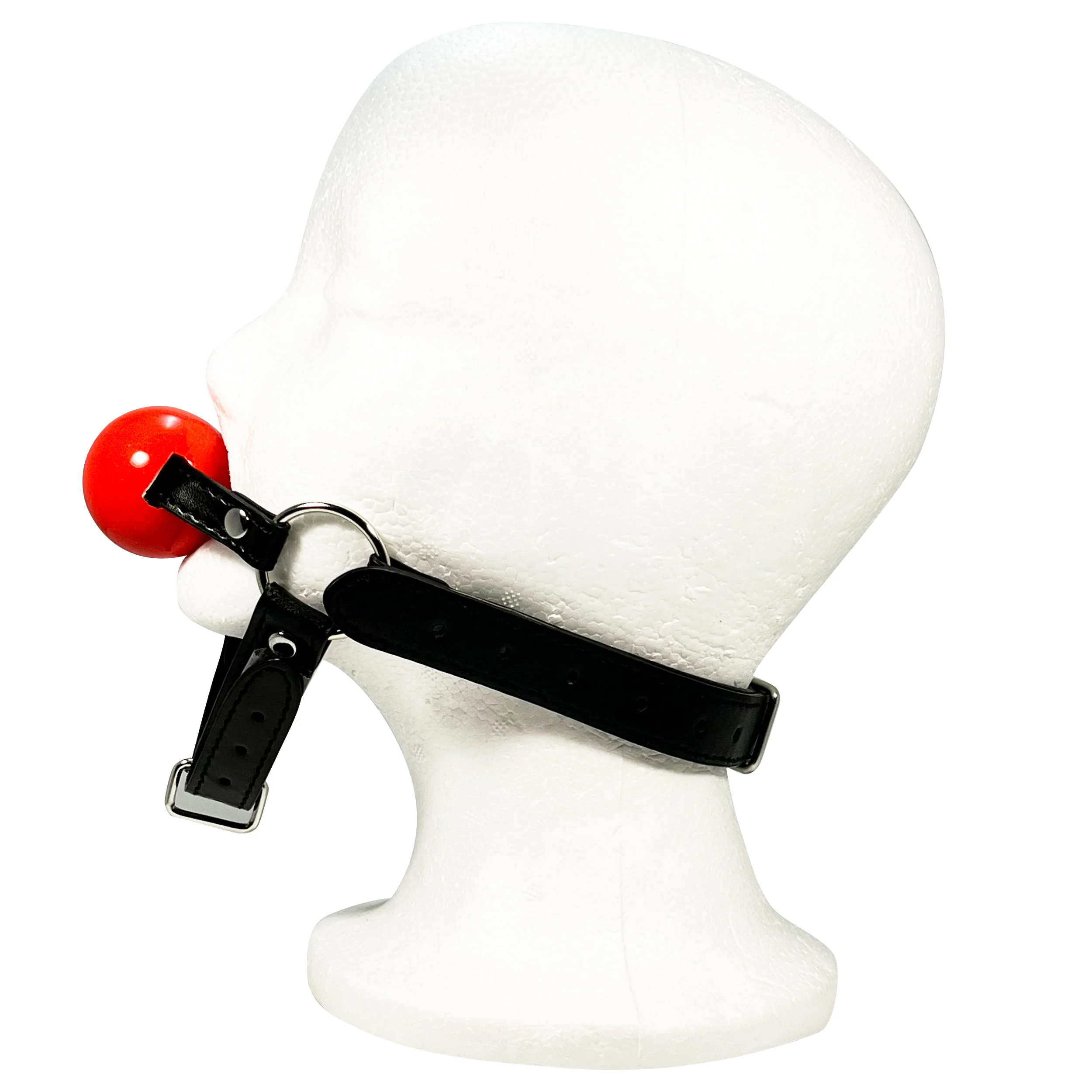 Rubber Ball Gag with Chin Strap by Fetish Pleasure Play in Red and Black - Image 2