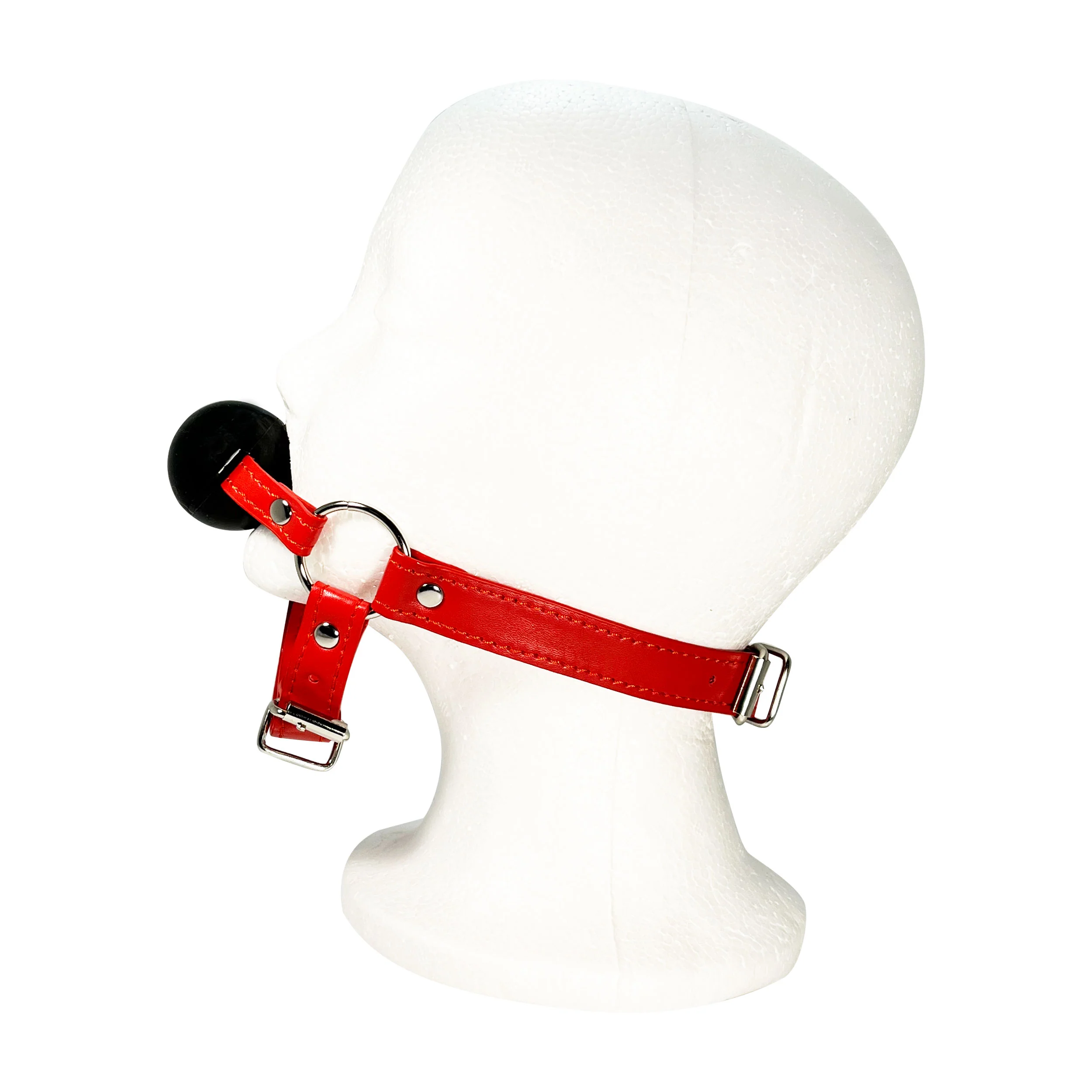 Rubber Ball Gag with Head and Chin Strap by Fetish Pleasure Play in Red - Image 2