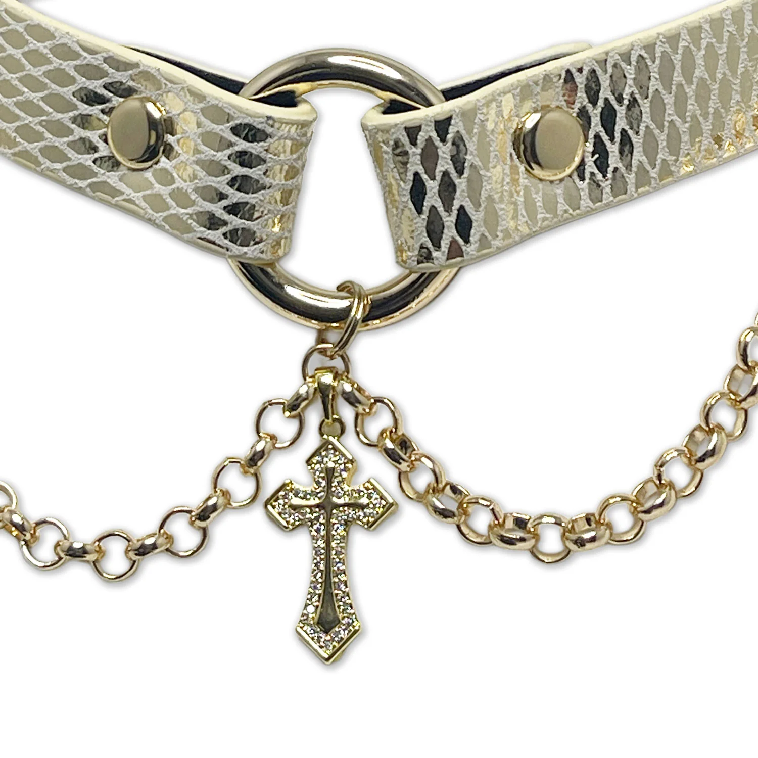 White and Gold Cross Necklace Collar by Fetish Pleasure Play - Image 3