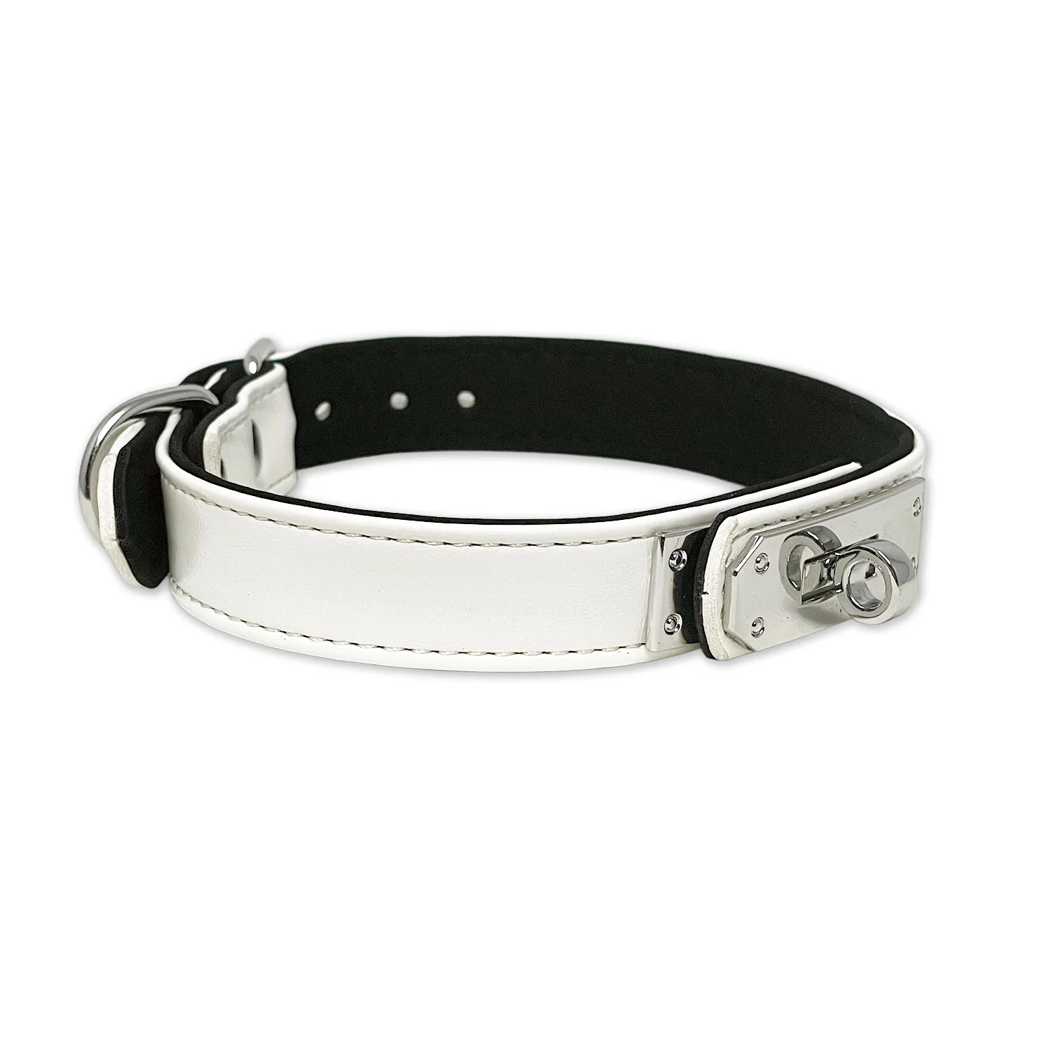 White Vegan Leather Clasp Collar with Silver Tone Hardware by Fetish Pleasure Play - Image 2